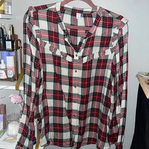 Plaid old navy button down with ruffles in front and on shoulders Sz L